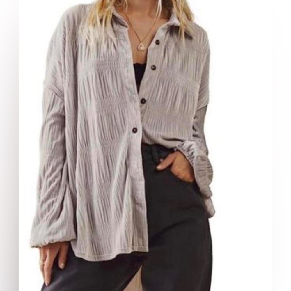 Free People Silver Velvet Button-Down Shirt – Soft & Shimmery – Sz Large